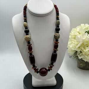 Vintage Bakelite Style Statement
Necklace‎ Tribal Beaded 20"
Burgundy Gold Black